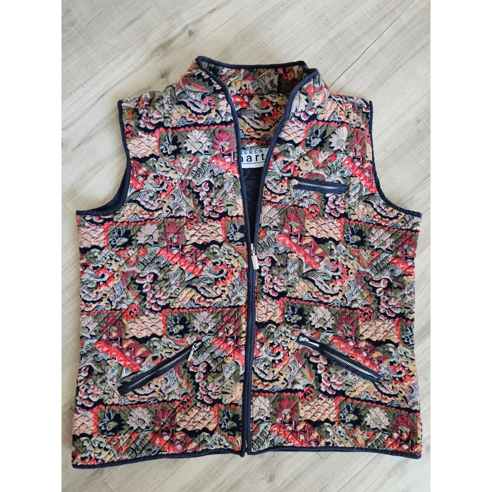 Keren Hart Womens Large Quilted Tapestry Vest Floral Corduroy Full Zip Red Green